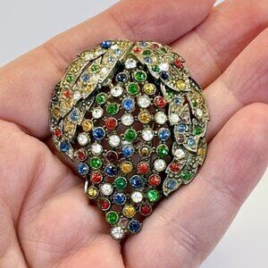 Vintage Art Deco Dress Clip:  Fur Clip Pot Metal Crystal Leaf 1930s Silver Tone